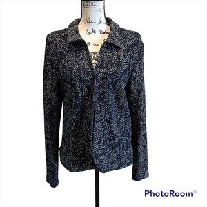 Chicos Travelers Jacket Size 2 Large Mesh Stretch Navy Silver Fleur de lis